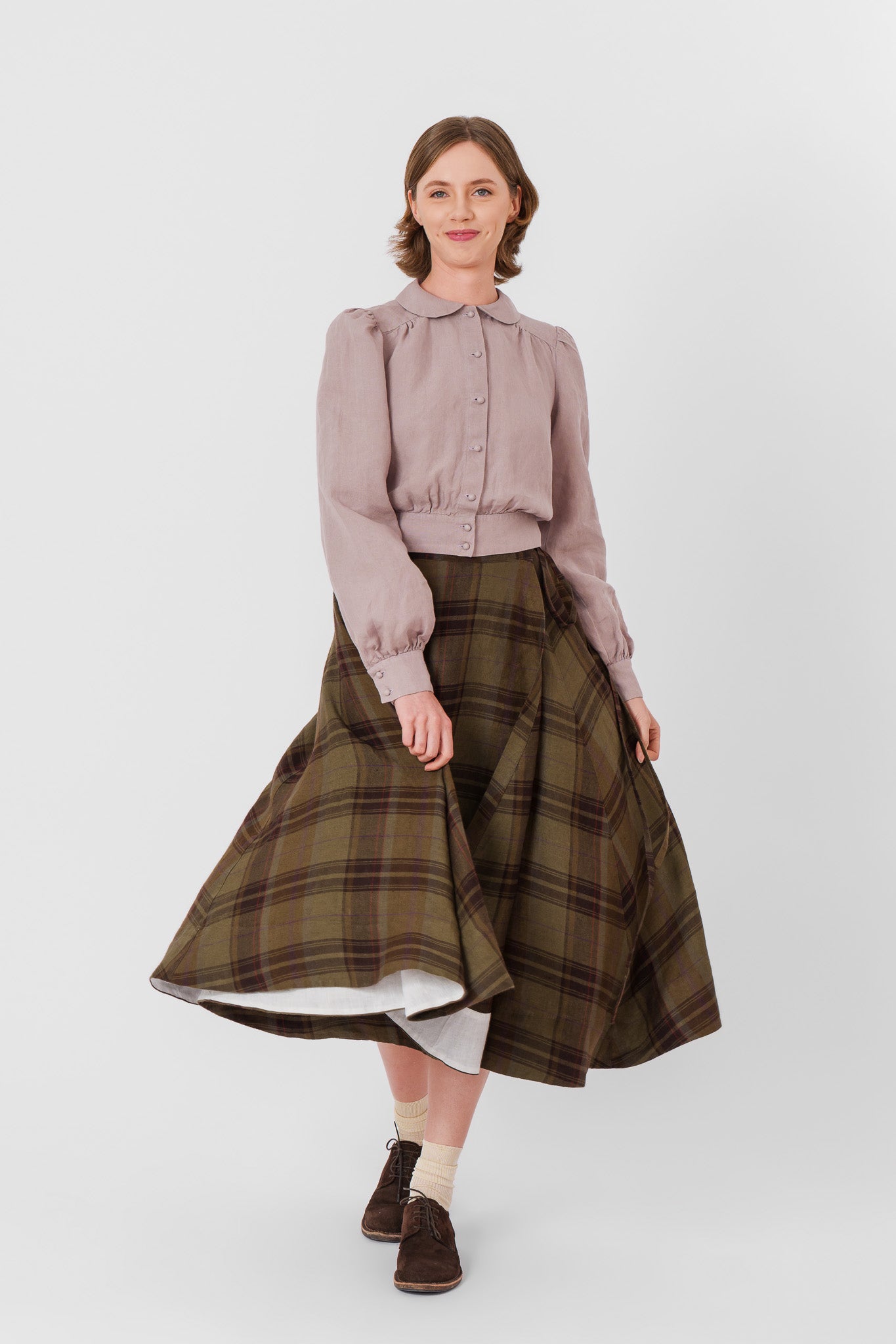 Wrap Skirt, Twill Linen, Oak Tartan