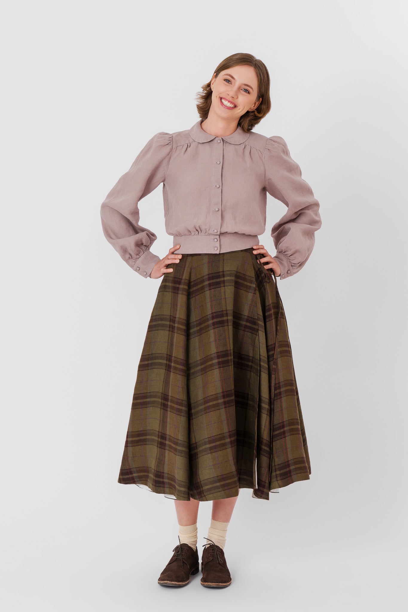 Wrap Skirt, Twill Linen, Oak Tartan#color_oak-tartan