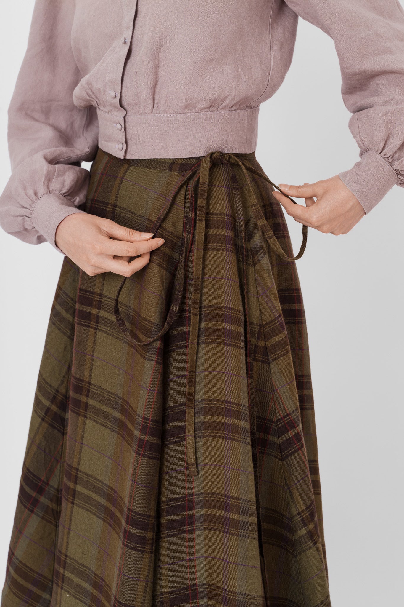 Wrap Skirt, Twill Linen, Oak Tartan