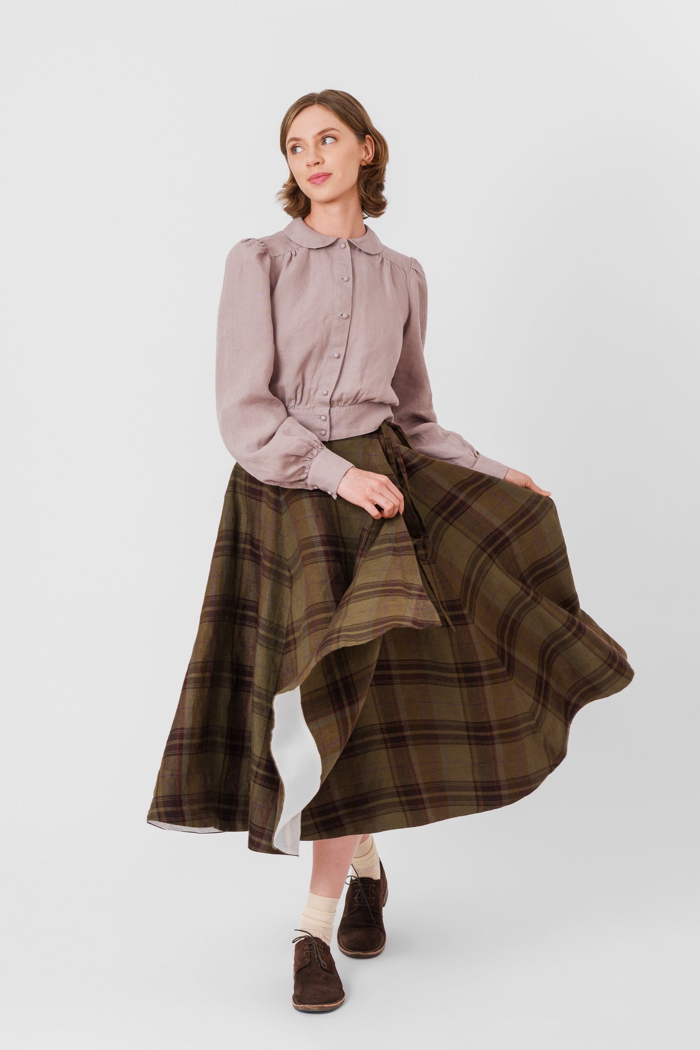 Wrap Skirt, Twill Linen, Oak Tartan