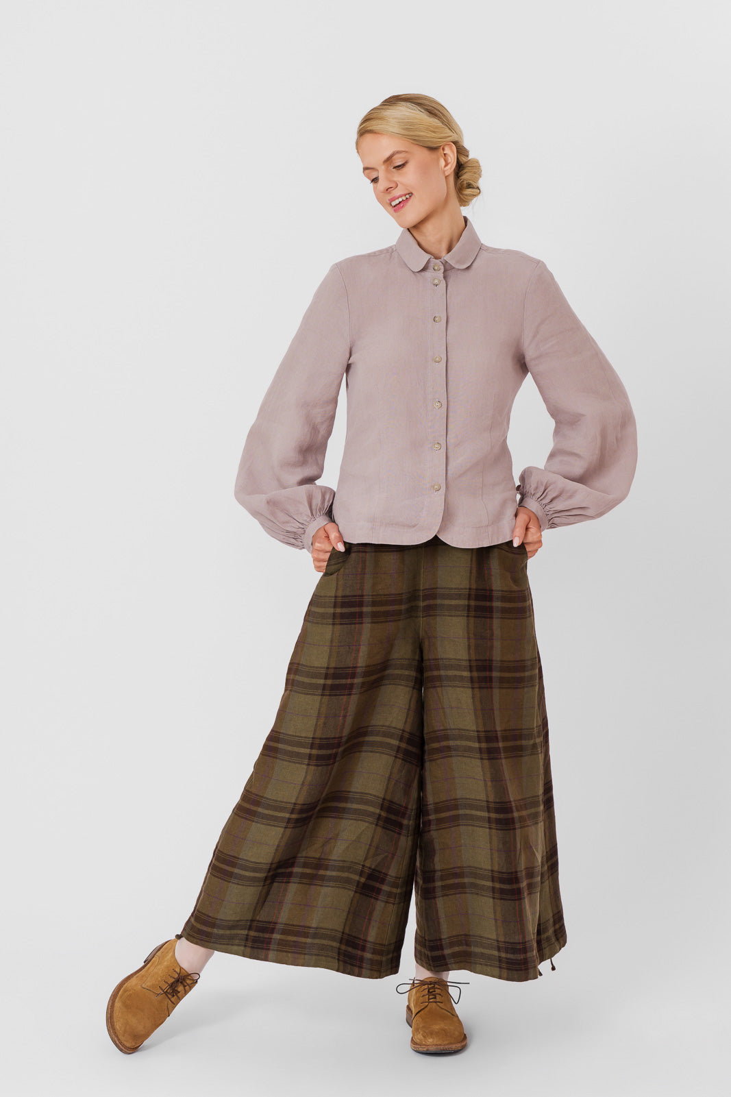 Midi Charlotte Trousers, Twill Linen, Oak Tartan#color_oak-tartan