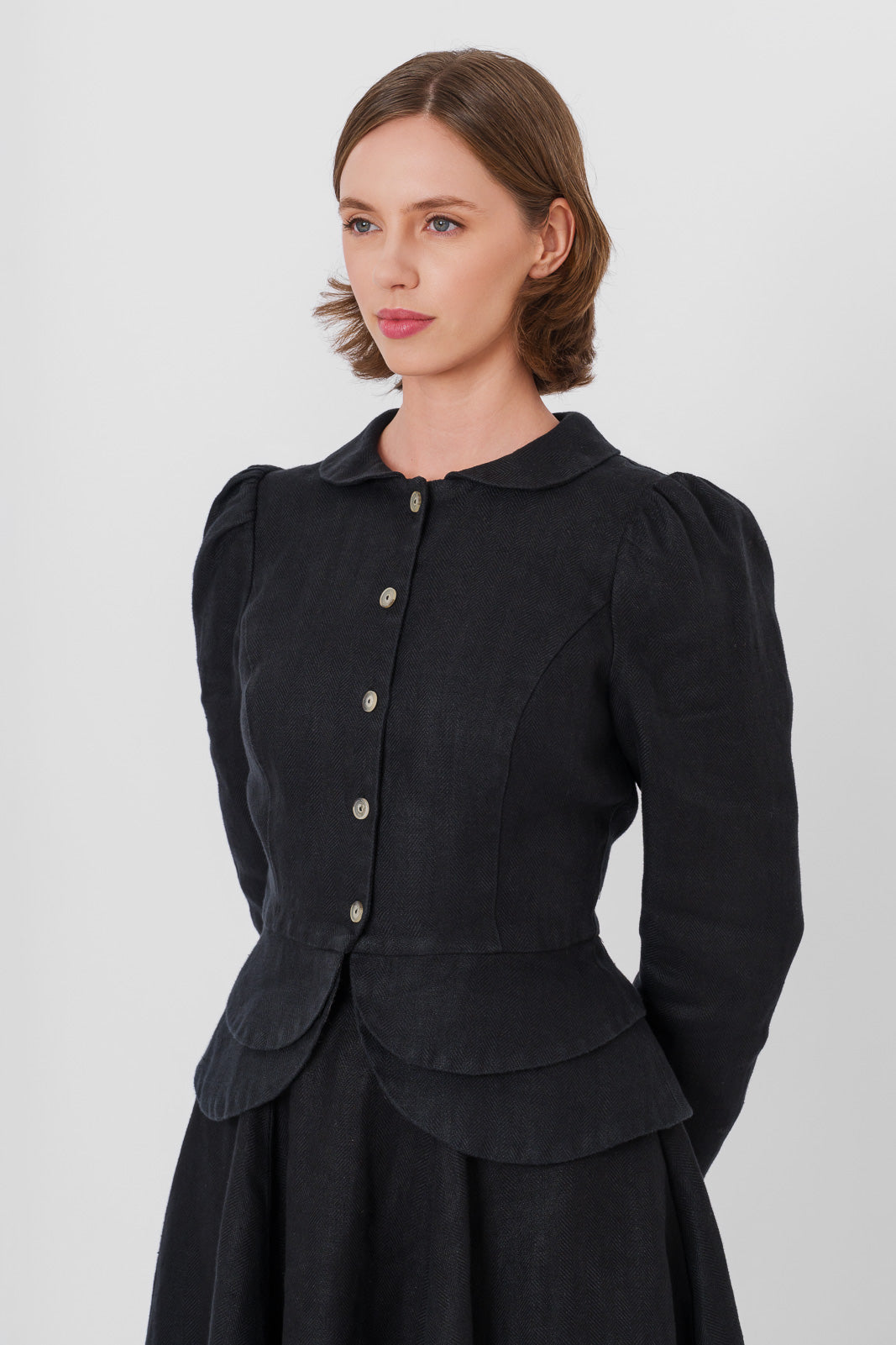 Elizabeth Jacket, Long Sleeve, Twill Linen, Black Herringbone#color_black-herringbone