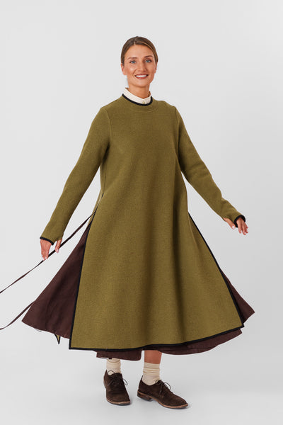 Double Slit Dress, Wool, Moss Green#color_moss-green