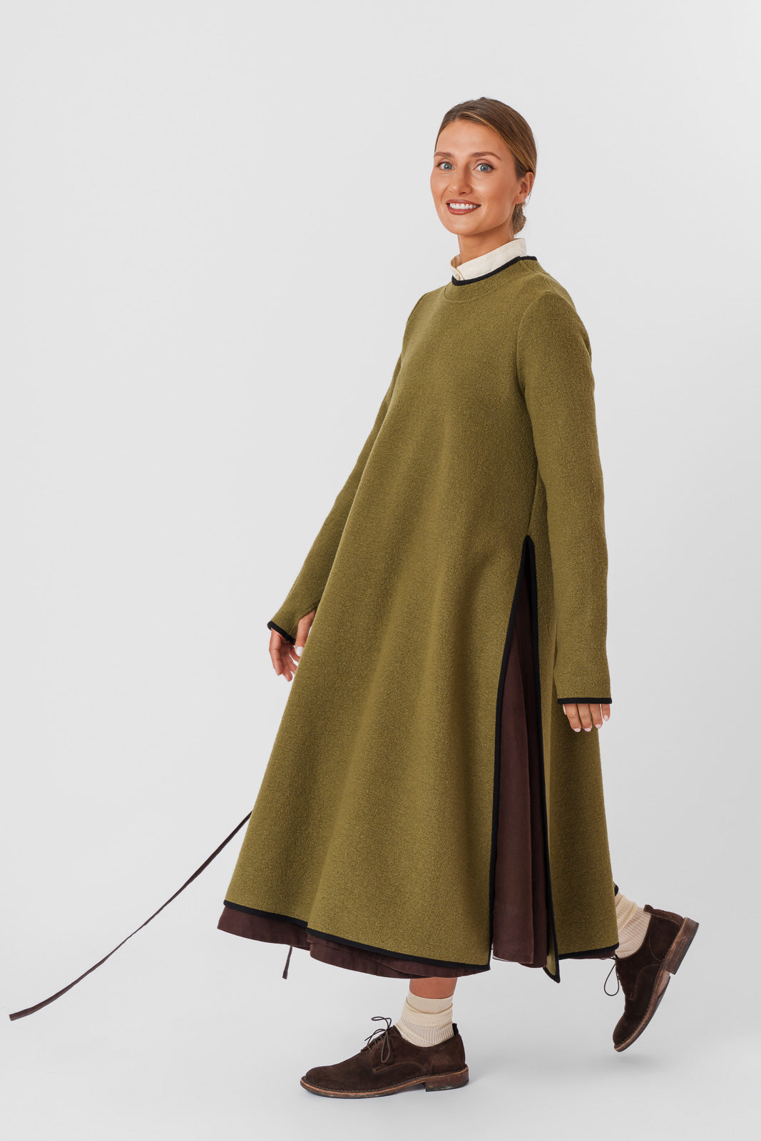 Double Slit Dress, Wool, Moss Green#color_moss-green