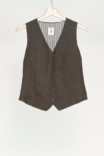 Classic Vest, Sleeveless, Pine Herringbone, Twill Linen | Son de Flor