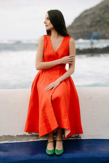 Rosa Dress, Twill Linen, Fiesra Red Herringbone
#color_fiesta-red-herringbone