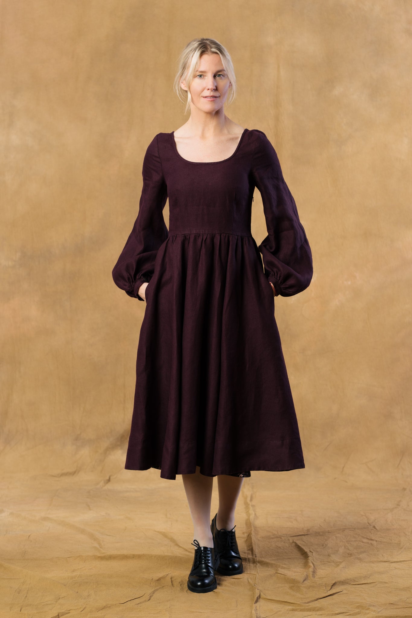 Carmen Dress, Long Sleeve,  Twill Linen, Royal Grape #color_royal-grape