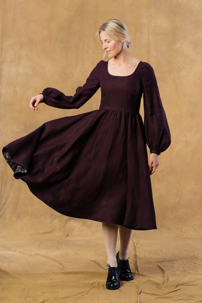 Carmen Dress, Long Sleeve,  Twill Linen, Royal Grape #color_royal-grape