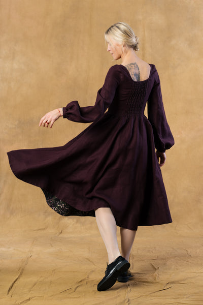 Carmen Dress, Long Sleeve,  Twill Linen, Royal Grape #color_royal-grape