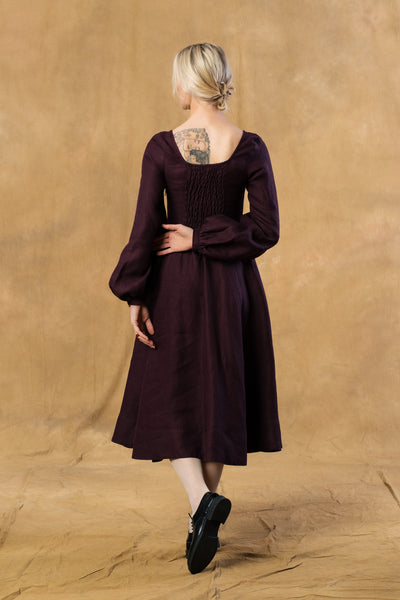 Carmen Dress, Long Sleeve,  Twill Linen, Royal Grape #color_royal-grape