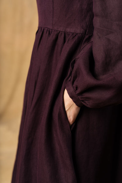 Carmen Dress, Long Sleeve,  Twill Linen, Royal Grape #color_royal-grape