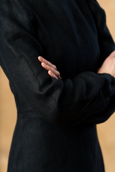 Kelly Dress, Long Sleeve, Black Herringbone#color_black-herringbone