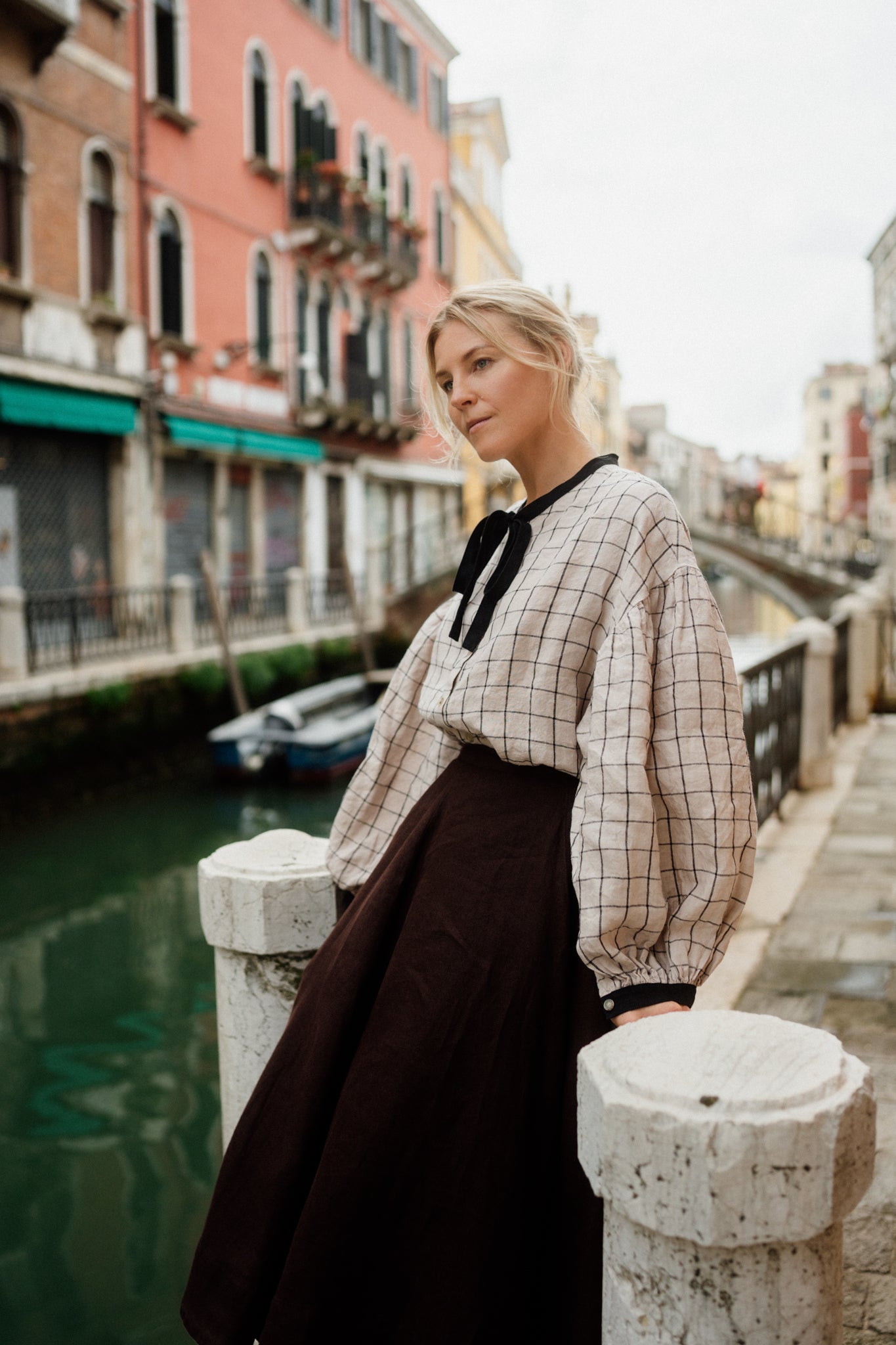 Clementine Shirt, Long Sleeve, Latte Grid