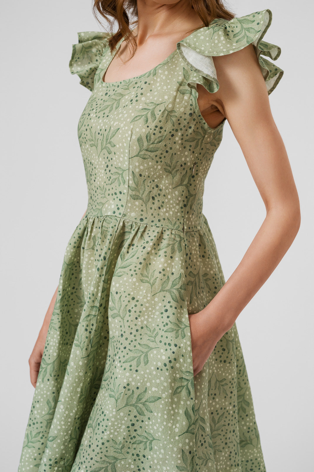 Mini Carmen Dress, Ruffle Sleeve, Forest Fern