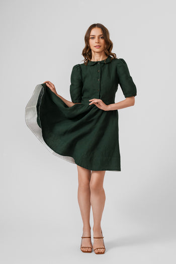 Mini Classic Dress, Puff Sleeve, Evergreen