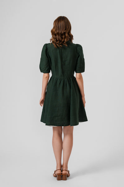 Mini Classic Dress, Puff Sleeve, Evergreen