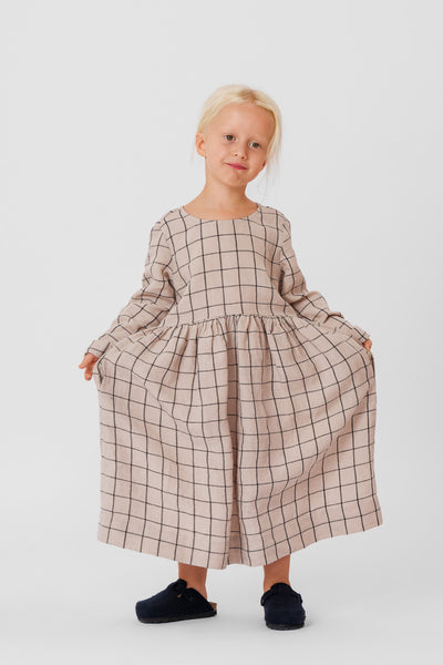 Mini Me Smock Dress, Long Sleeve, Latte Grid#color_latte-grid