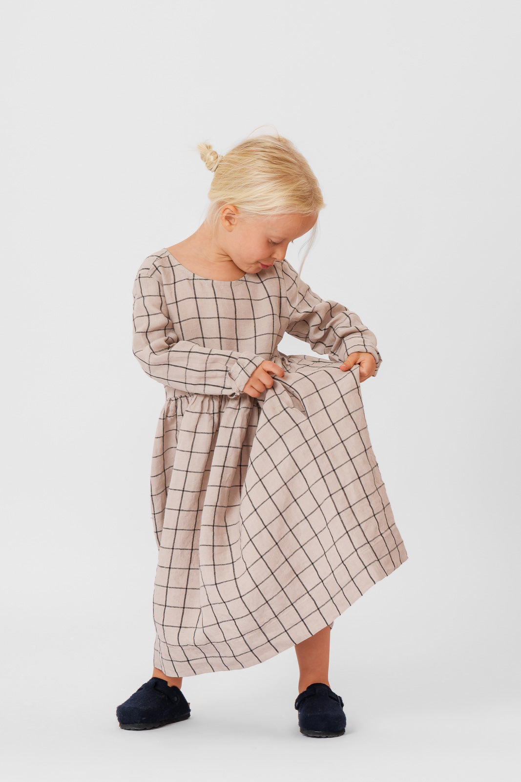 Mini Me Smock Dress, Long Sleeve, Latte Grid#color_latte-grid