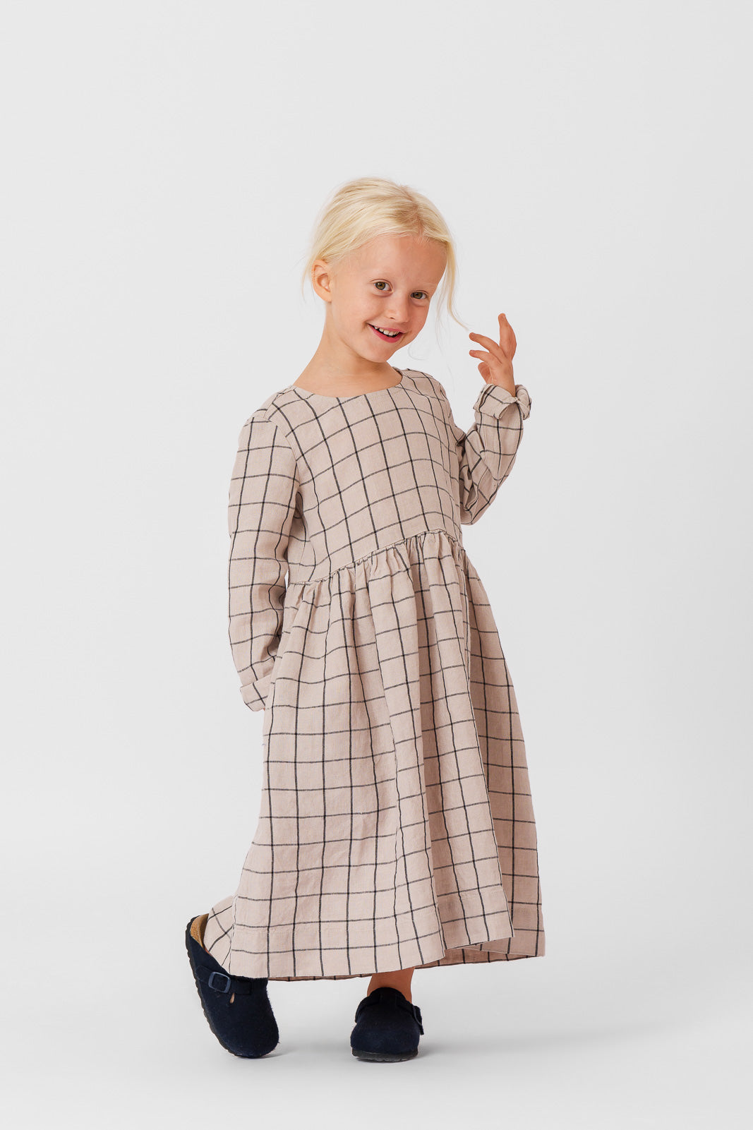 Mini Me Smock Dress, Long Sleeve, Latte Grid#color_latte-grid