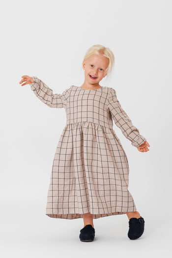 Mini Me Smock Dress, Long Sleeve, Latte Grid#color_latte-grid