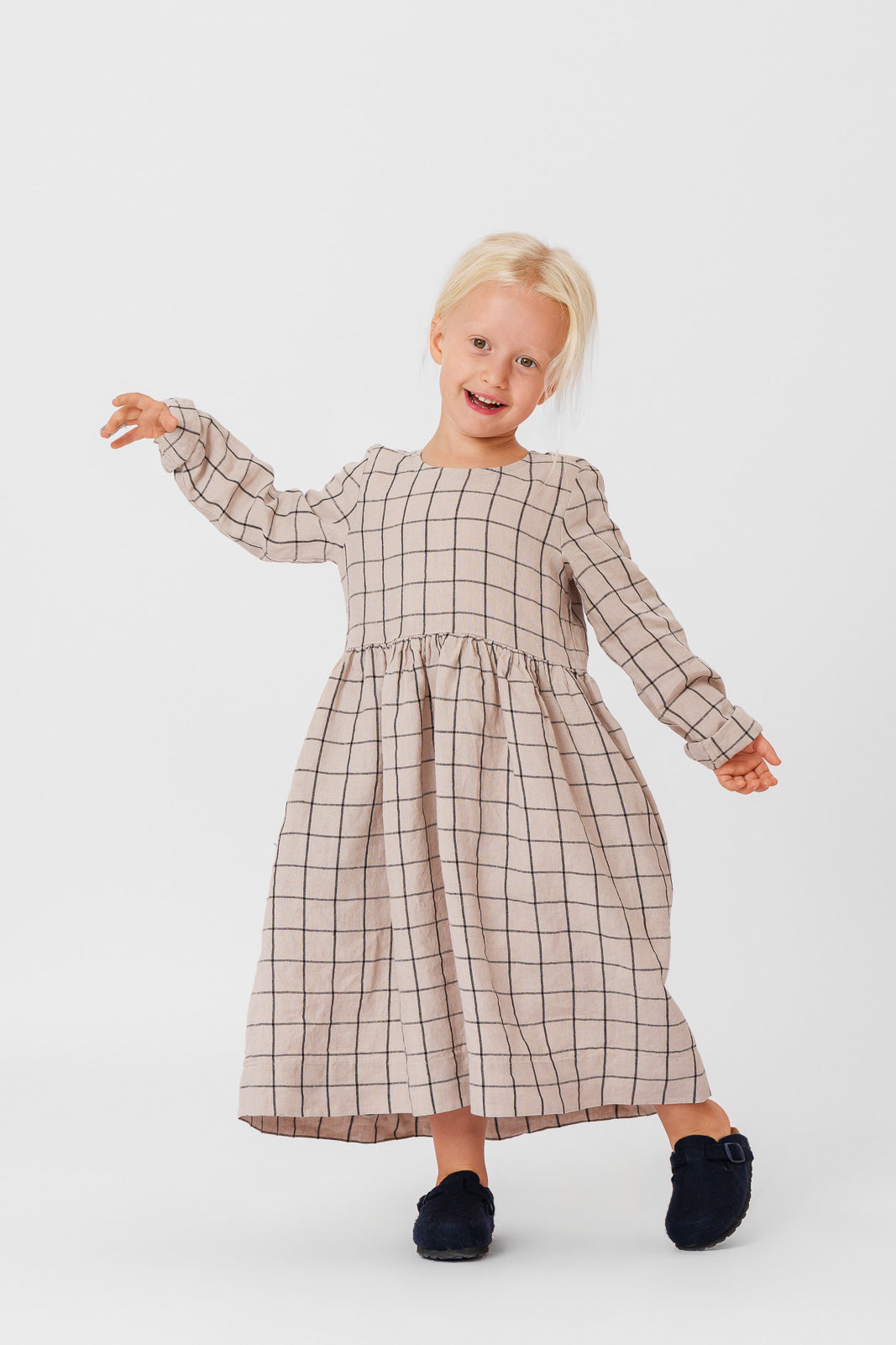 Mini Me Smock Dress, Long Sleeve, Latte Grid#color_latte-grid