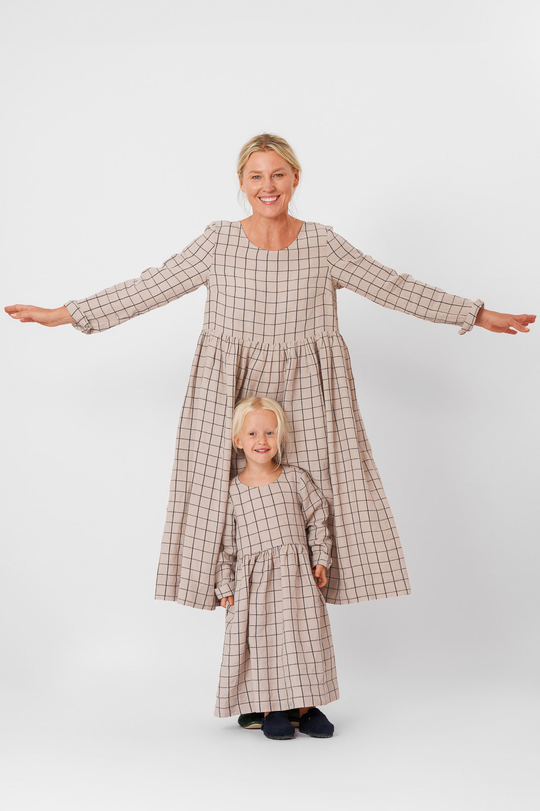 Mini Me Smock Dress, Long Sleeve, Latte Grid#color_latte-grid