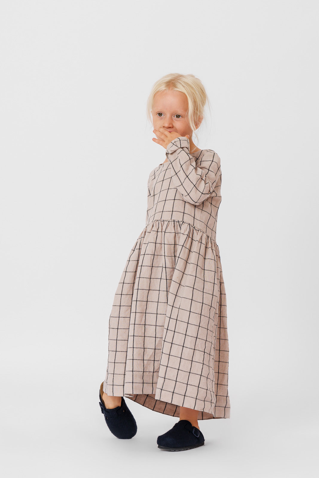 Mini Me Smock Dress, Long Sleeve, Latte Grid#color_latte-grid