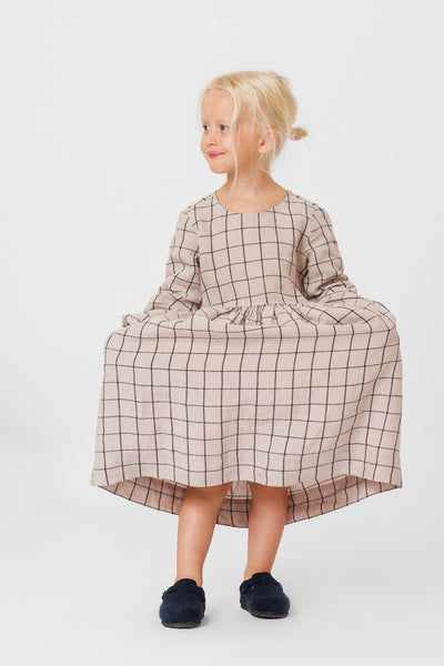 Mini Me Smock Dress, Long Sleeve, Latte Grid#color_latte-grid