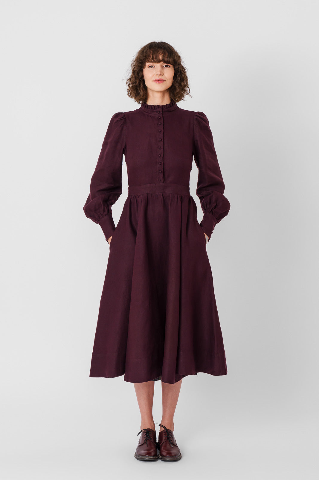 Abigail Dress, Long Sleeve, Twill Linen, #color_royal-grape