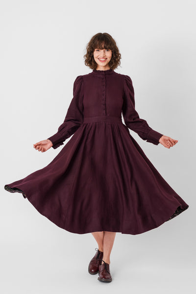 Abigail Dress, Long Sleeve, Twill Linen, #color_royal-grape