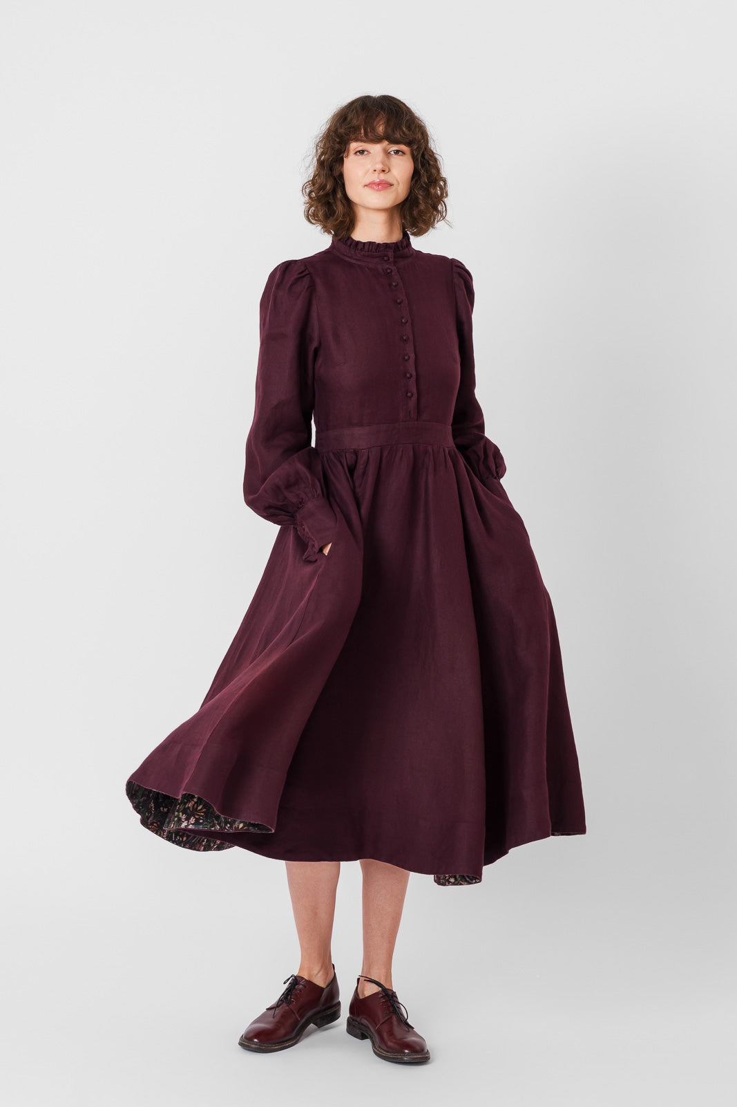 Abigail Dress, Long Sleeve, Twill Linen, #color_royal-grape