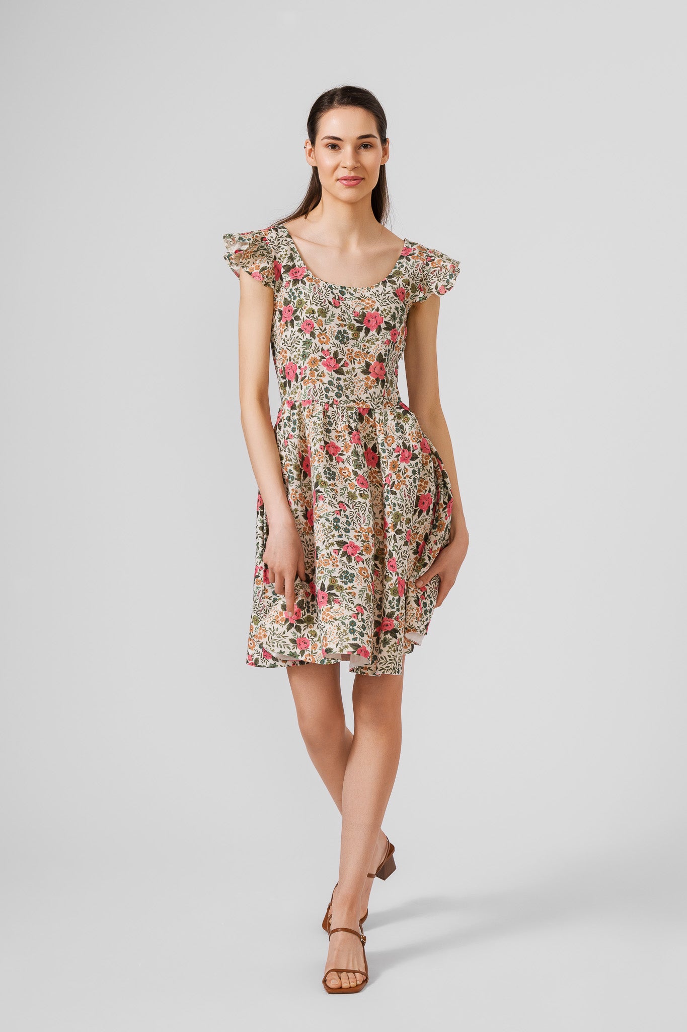 Mini Carmen Dress, Ruffle Sleeve, Cottage Garden