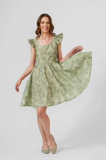 Mini Carmen Dress, Ruffle Sleeve, Forest Fern