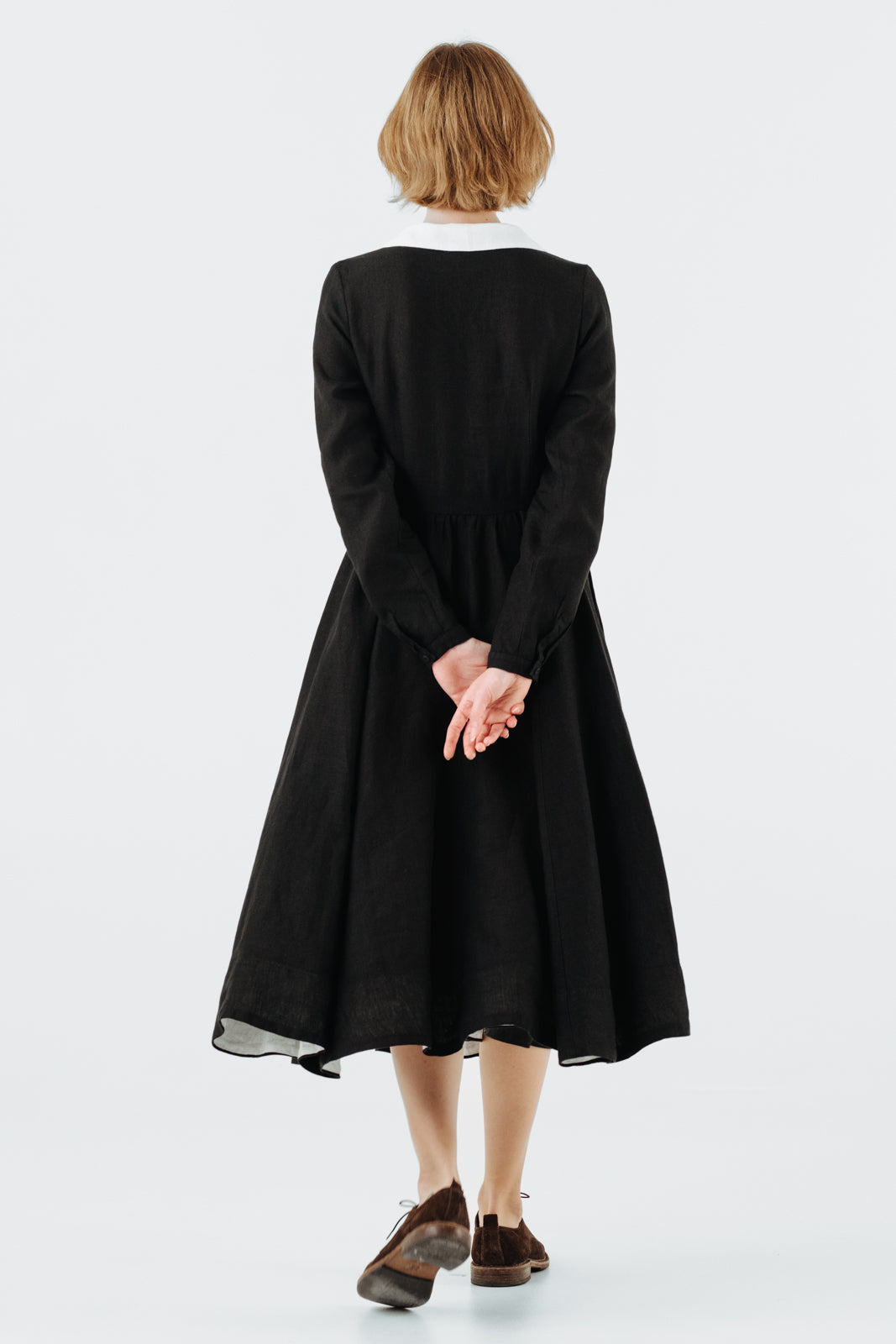 Classic Dress with Embroidered Golden Fields Collar, Long Sleeve#color_black-pansy