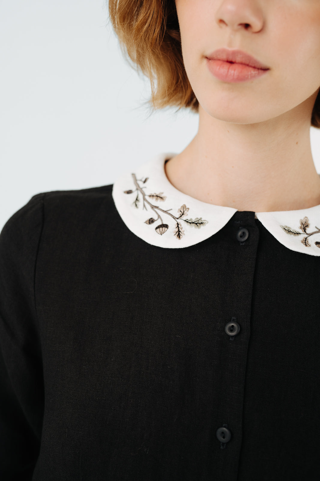 Classic Dress with Embroidered Hazelnut Collar, Long Sleeve#color_black-pansy
