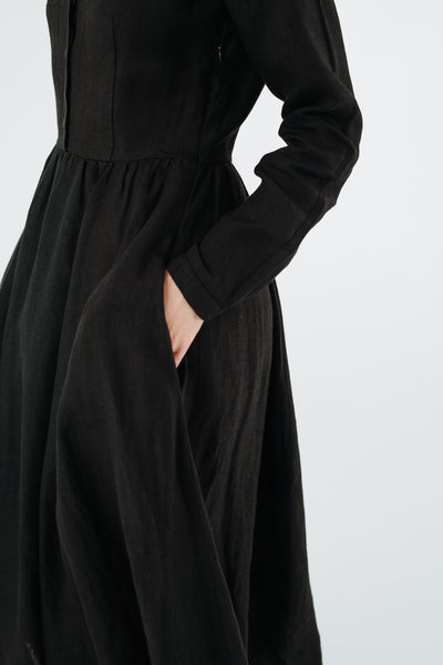 Classic Dress with Embroidered Hazelnut Collar, Long Sleeve, Black Pansy