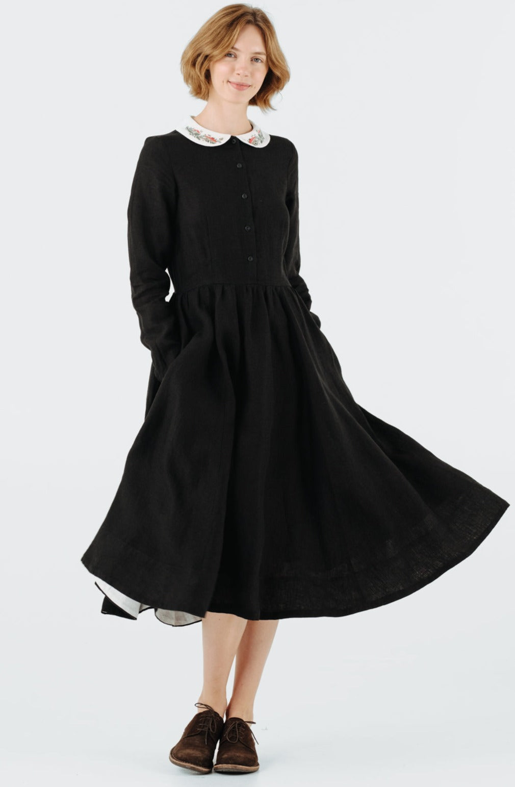 Classic Dress with Embroidered Wildwood Collar, Long Sleeve#color_black-pansy