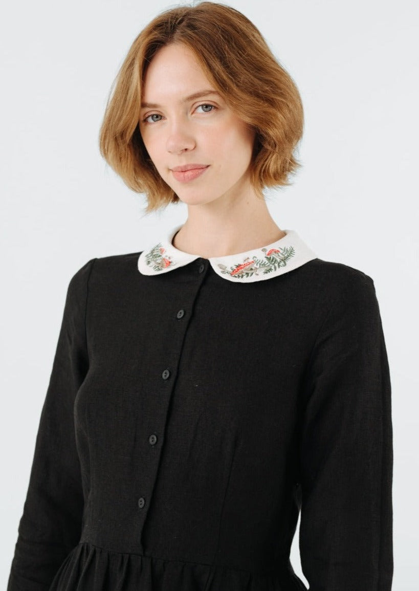 Classic Dress with Embroidered Wildwood Collar, Long Sleeve#color_black-pansy