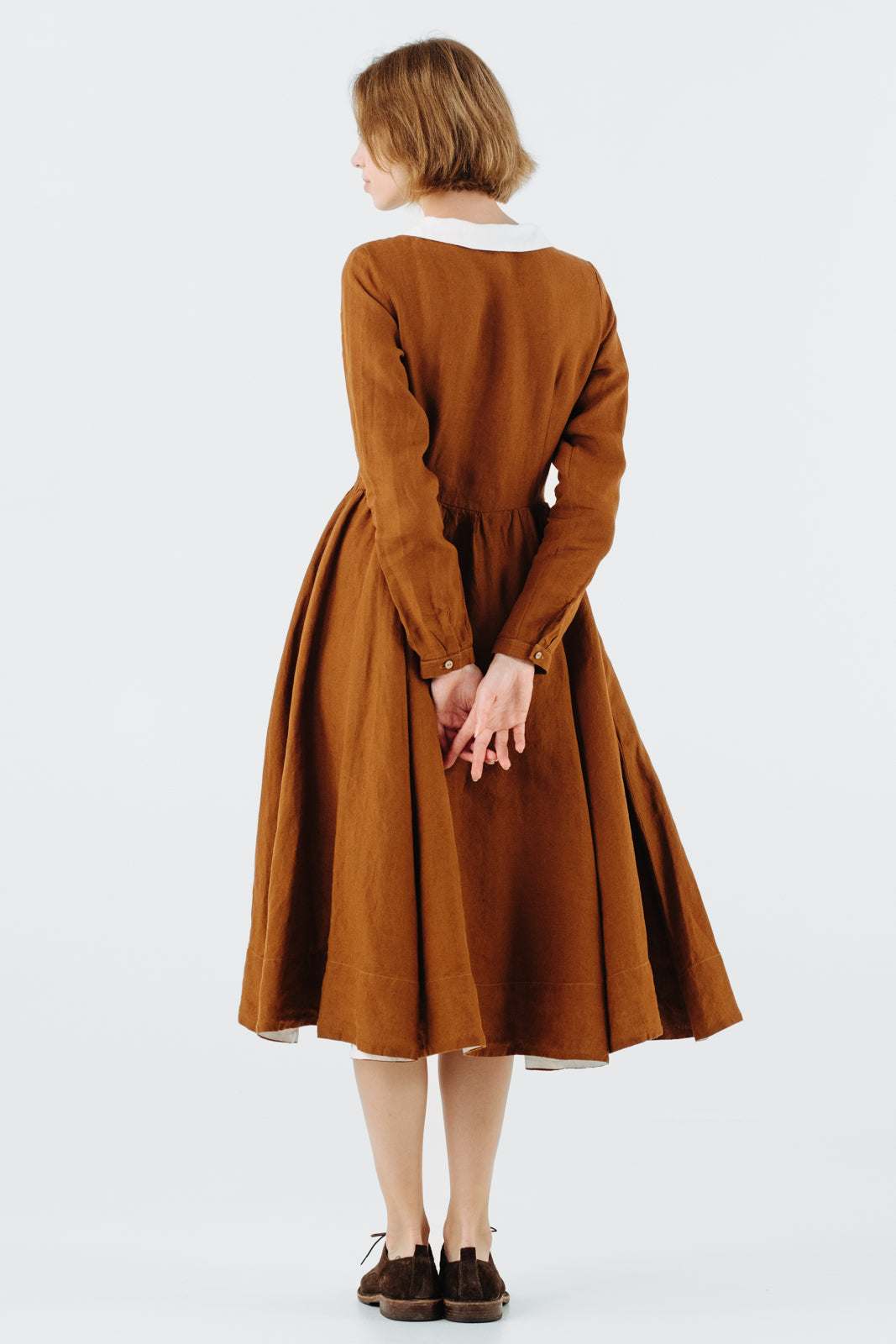 Classic Dress with Embroidered Hazelnut Collar, Long Sleeve#color_warm-brown