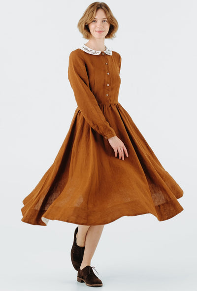 Classic Dress with Embroidered Hazelnut Collar, Long Sleeve, Warm Brown