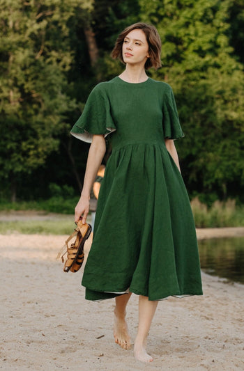 GREEN PIONEER DRESS 1950's Dress, Linen Dress With Pockets, Short Sleeve  Dress, Collared Dress, Midcentury Modern, Shirtdress, Sondeflor 