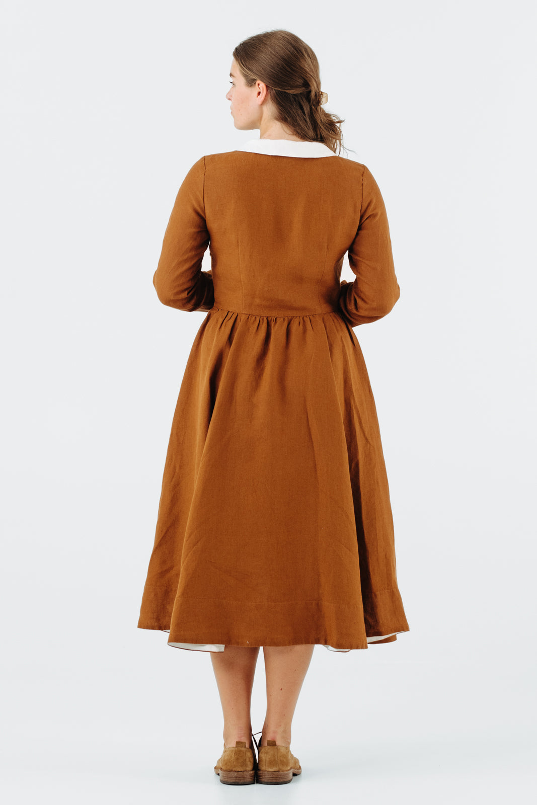 Classic Dress with Embroidered Golden Fields Collar, Long Sleeve#color_warm-brown