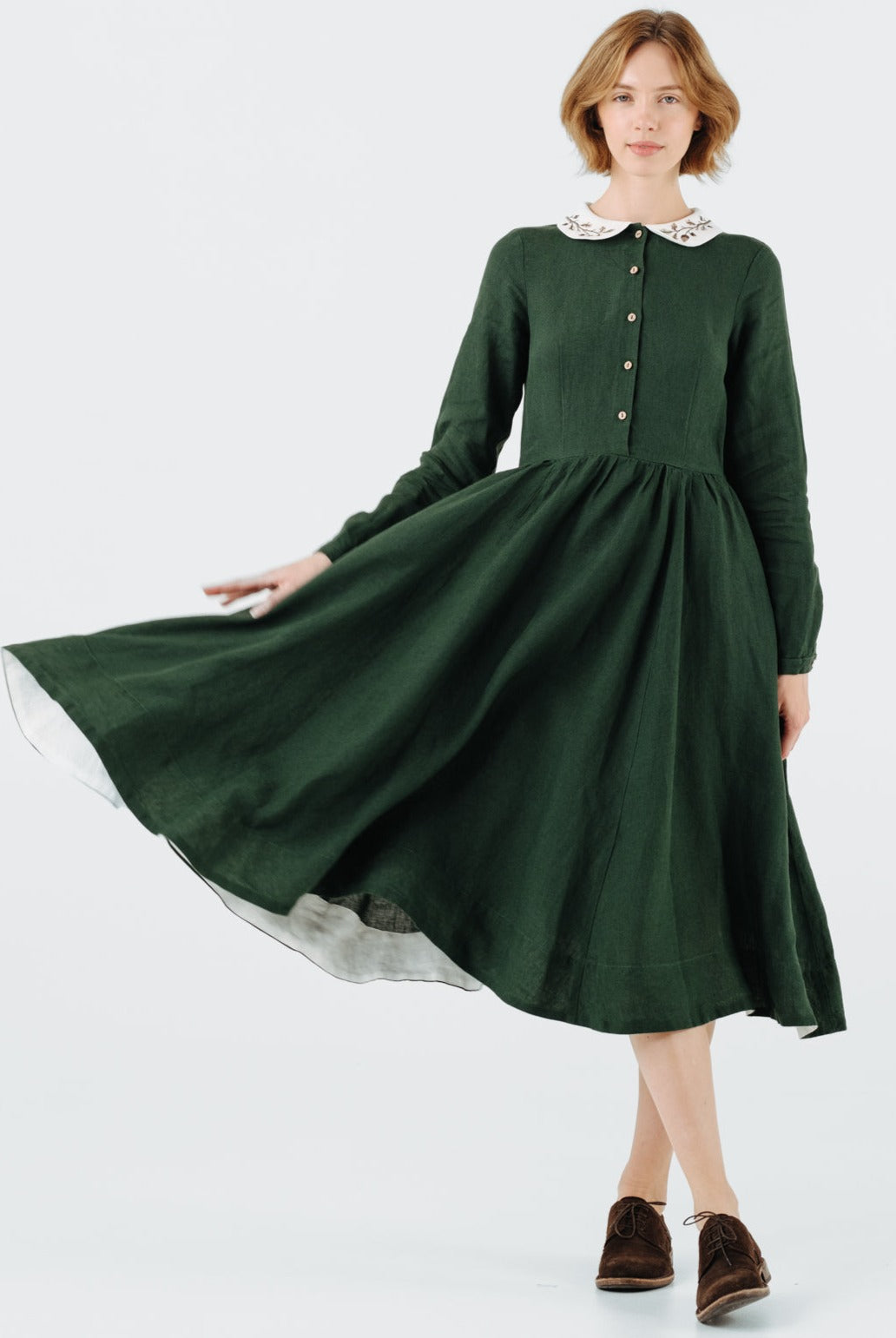 Classic Dress with Embroidered Hazelnut Collar, Long Sleeve, Evergreen