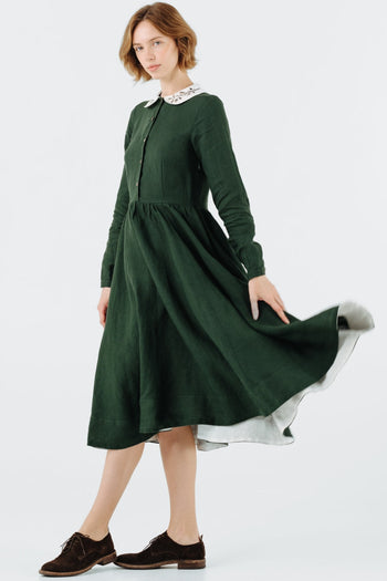 Classic Dress with Embroidered Hazelnut Collar, Long Sleeve#color_evergreen