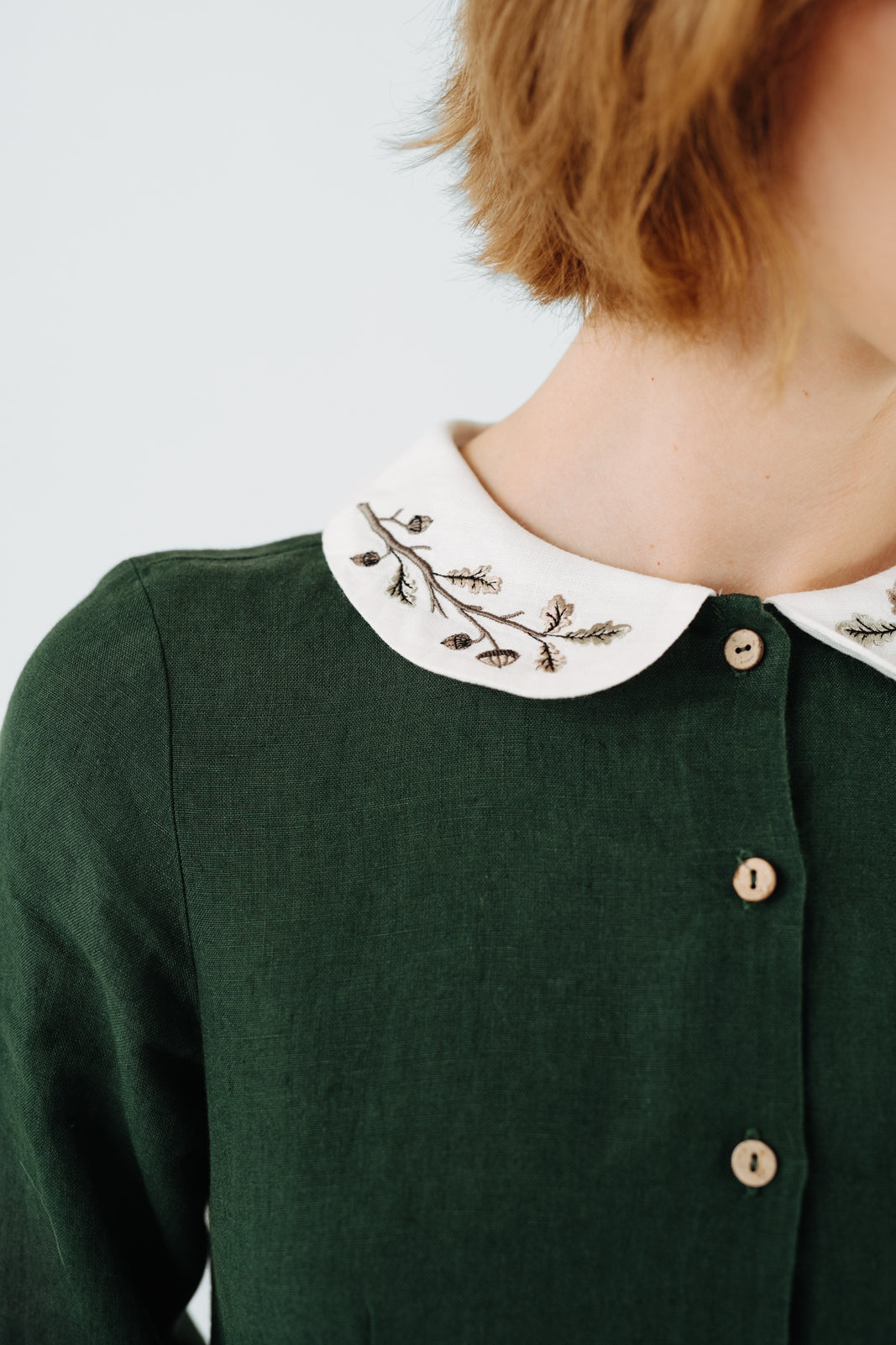 Classic Dress with Embroidered Hazelnut Collar, Long Sleeve#color_evergreen