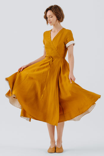 Yellow cotton linen dress oversized with slant pocket customized plus –  clothgifts