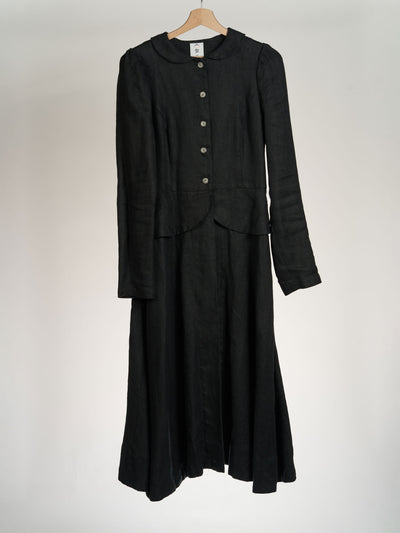 Twill Linen, Black Herringbone, Long Sleeve, Elizabeth Coat, Latte Grid Lining