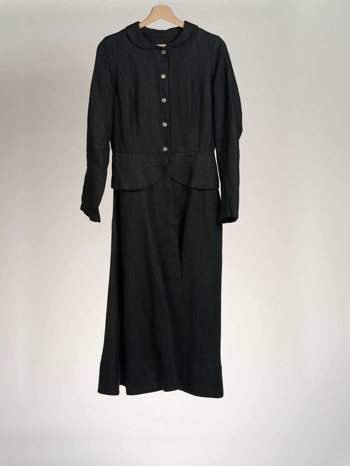 Twill Linen, Black Herringbone, Long Sleeve, Elizabeth Coat, Brown Checkers Lining