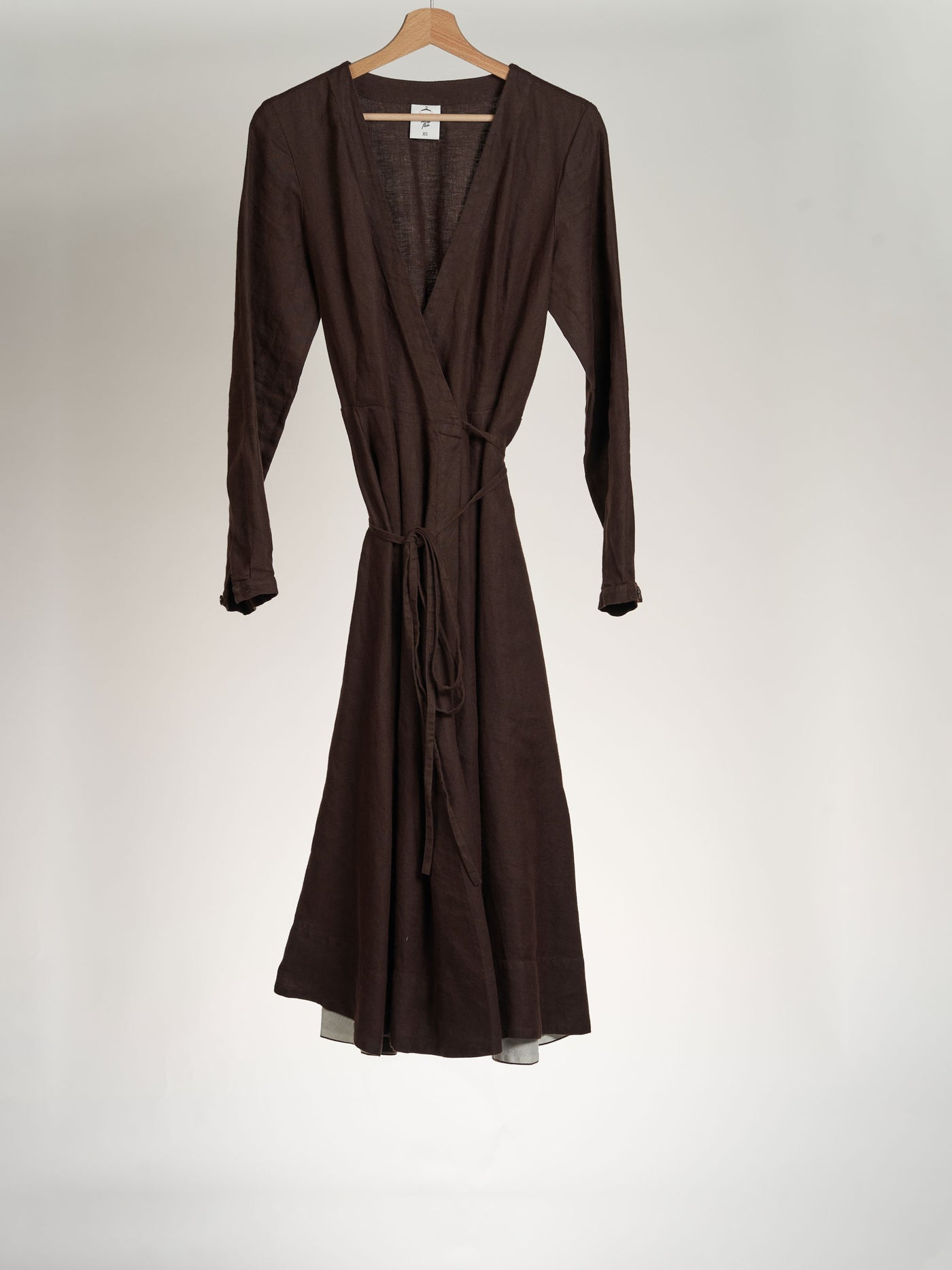 Twill Linen, Espresso Brown, Long Sleeve, Wrap Dress