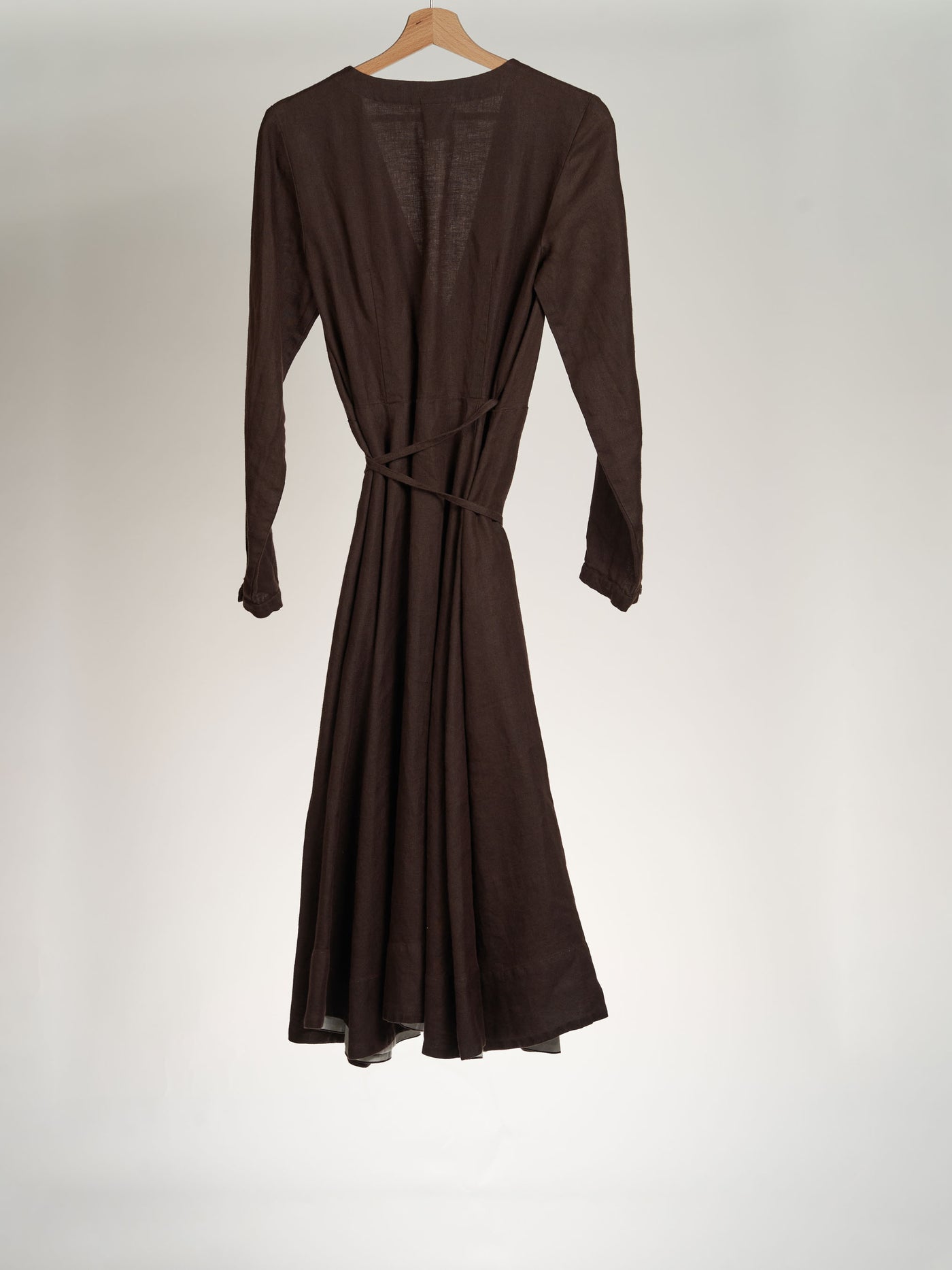 Twill Linen, Espresso Brown, Long Sleeve, Wrap Dress